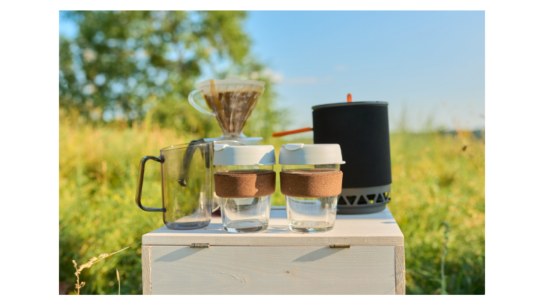 Coffee brewing kit set up on a table