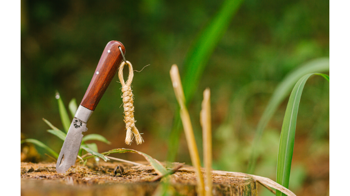 fixed blade knife sticking into a log