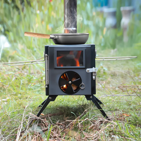 heater stove heating skillet in a field