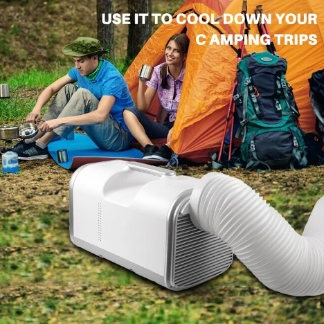 people camping in tent with portable camping air conditioner