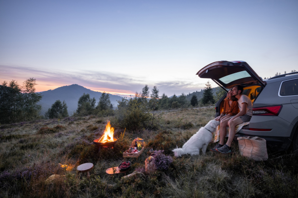 Couple sitting on back of car with dog at campsite