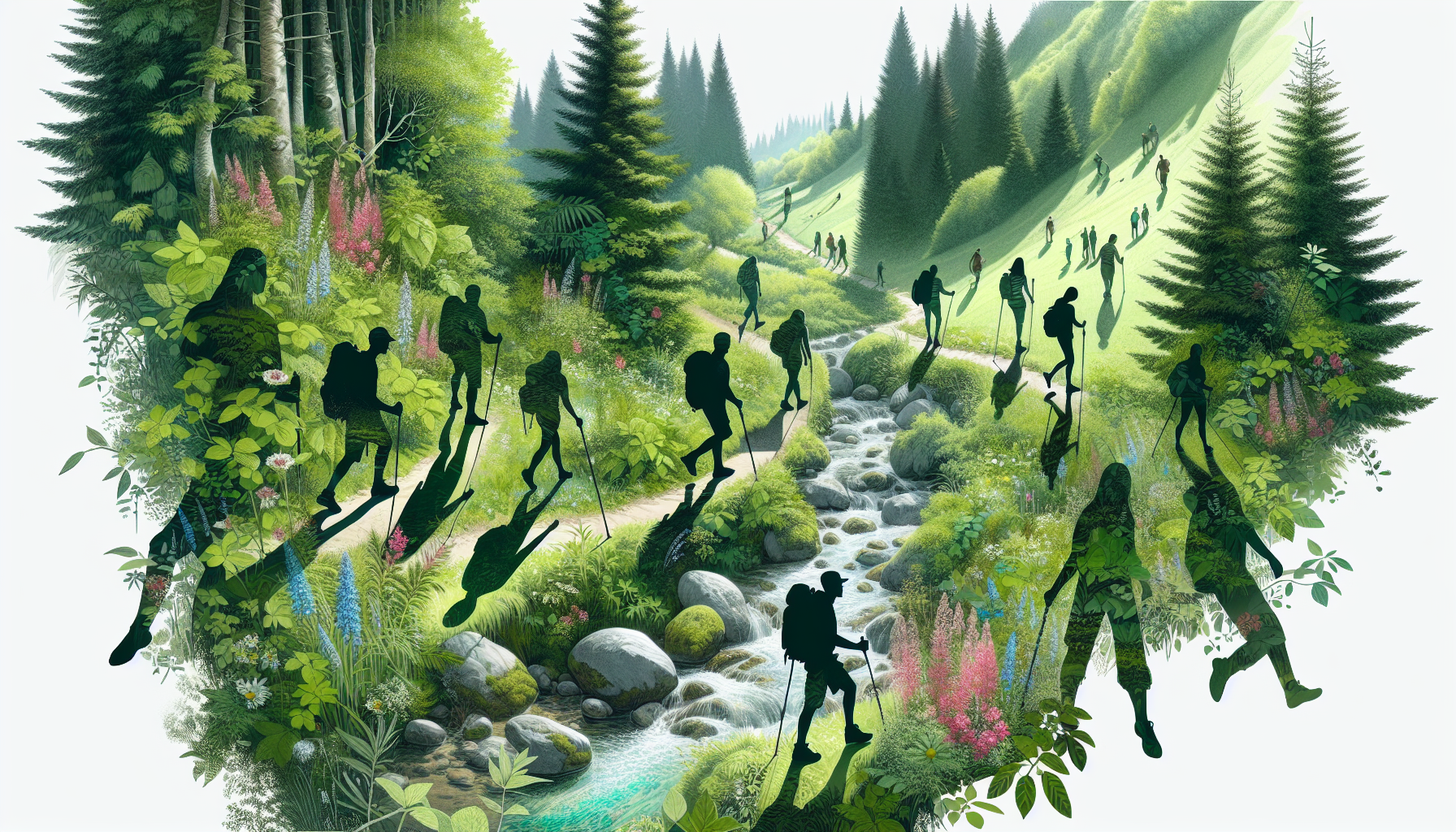 Illustration of a group of people hiking on a trail