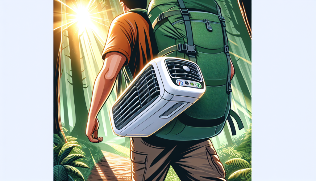 Illustration of a person carrying a compact and portable camping air conditioner