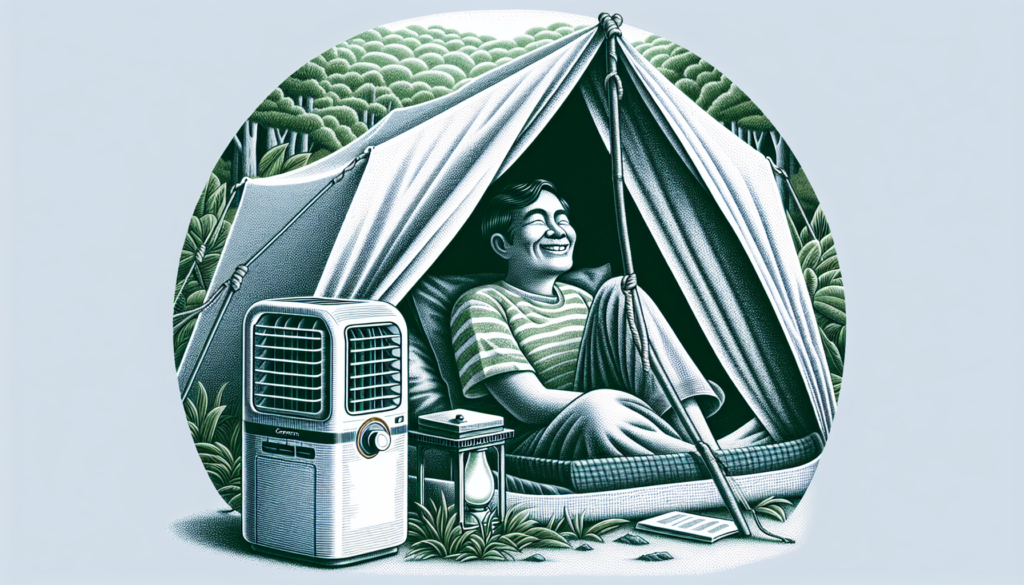 Illustration of a person feeling the cooling effect of an air conditioner during a camping trip