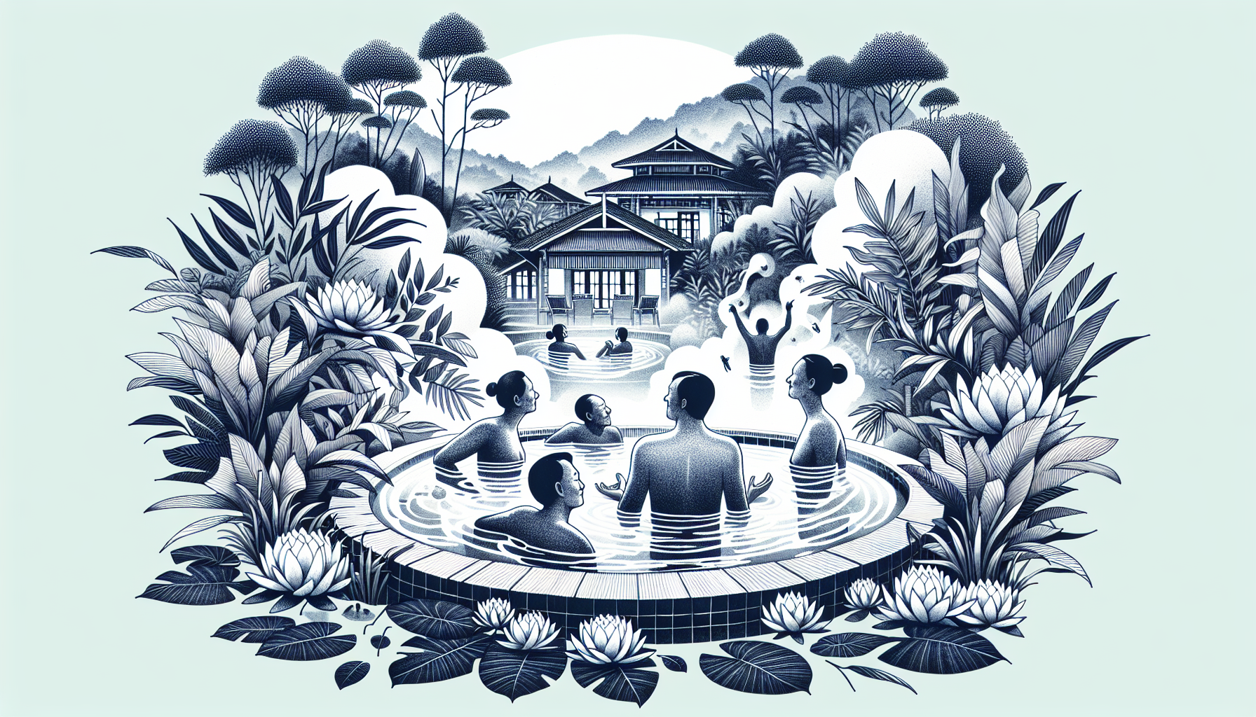 Illustration of people enjoying a hot tub in a nudist resort