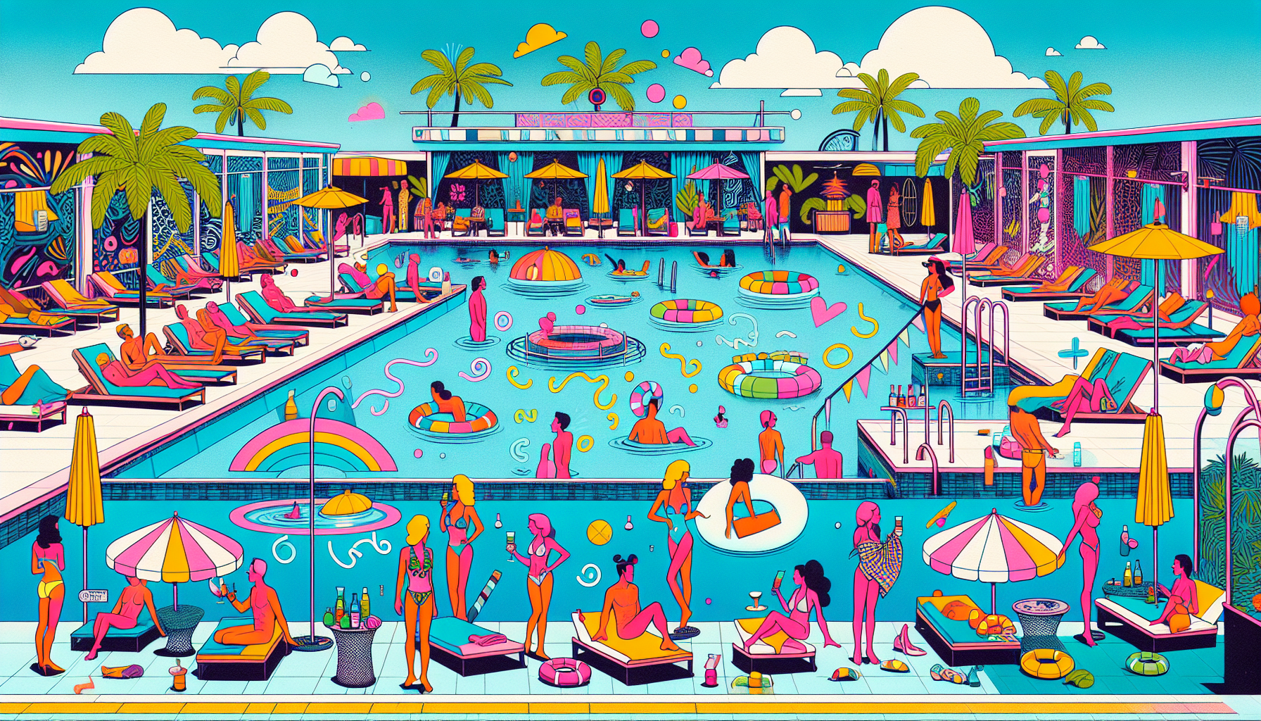 Illustration of a pool area at a clothing optional resort