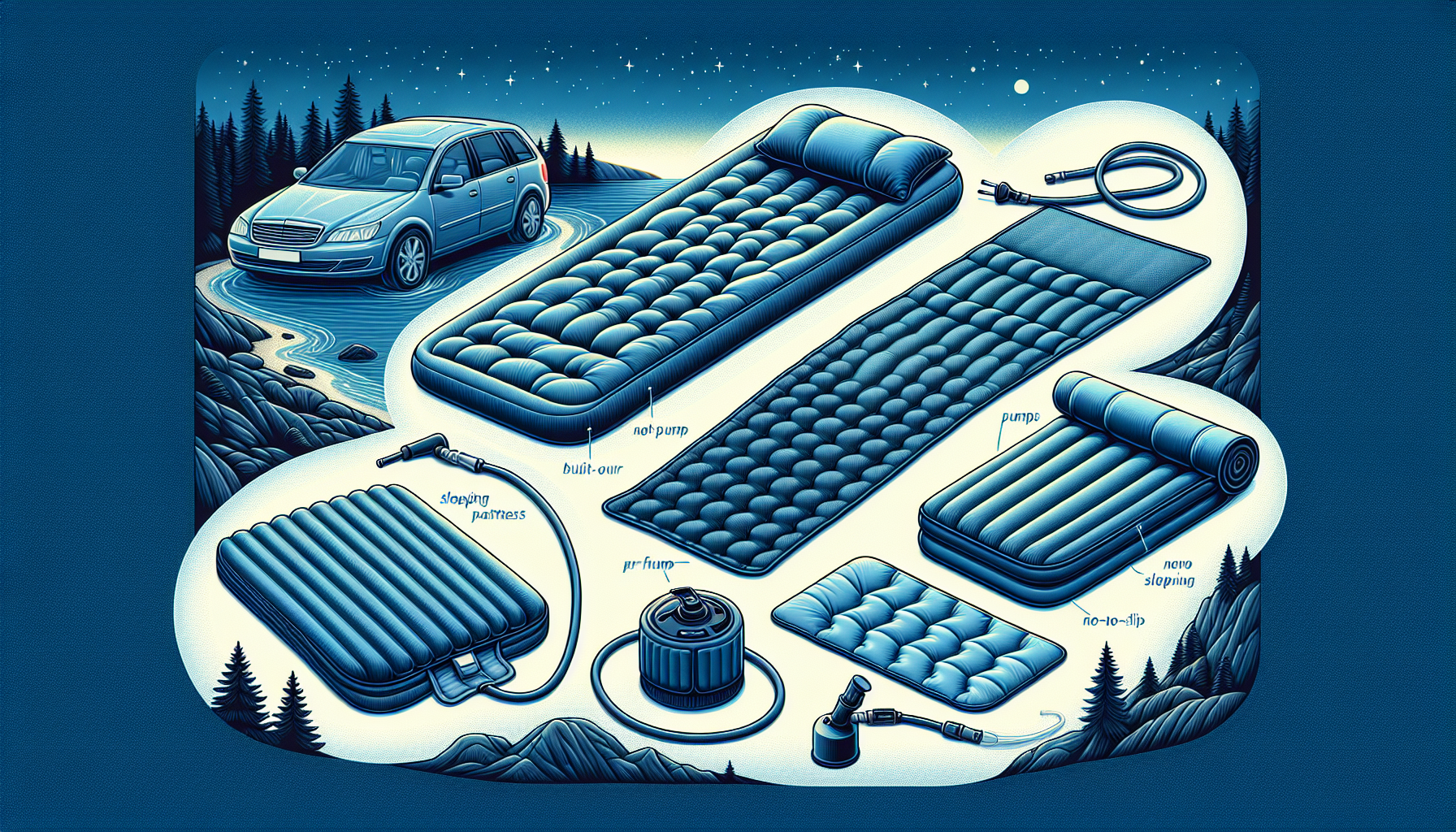 Illustration of comfortable sleeping pads and air mattresses for car camping