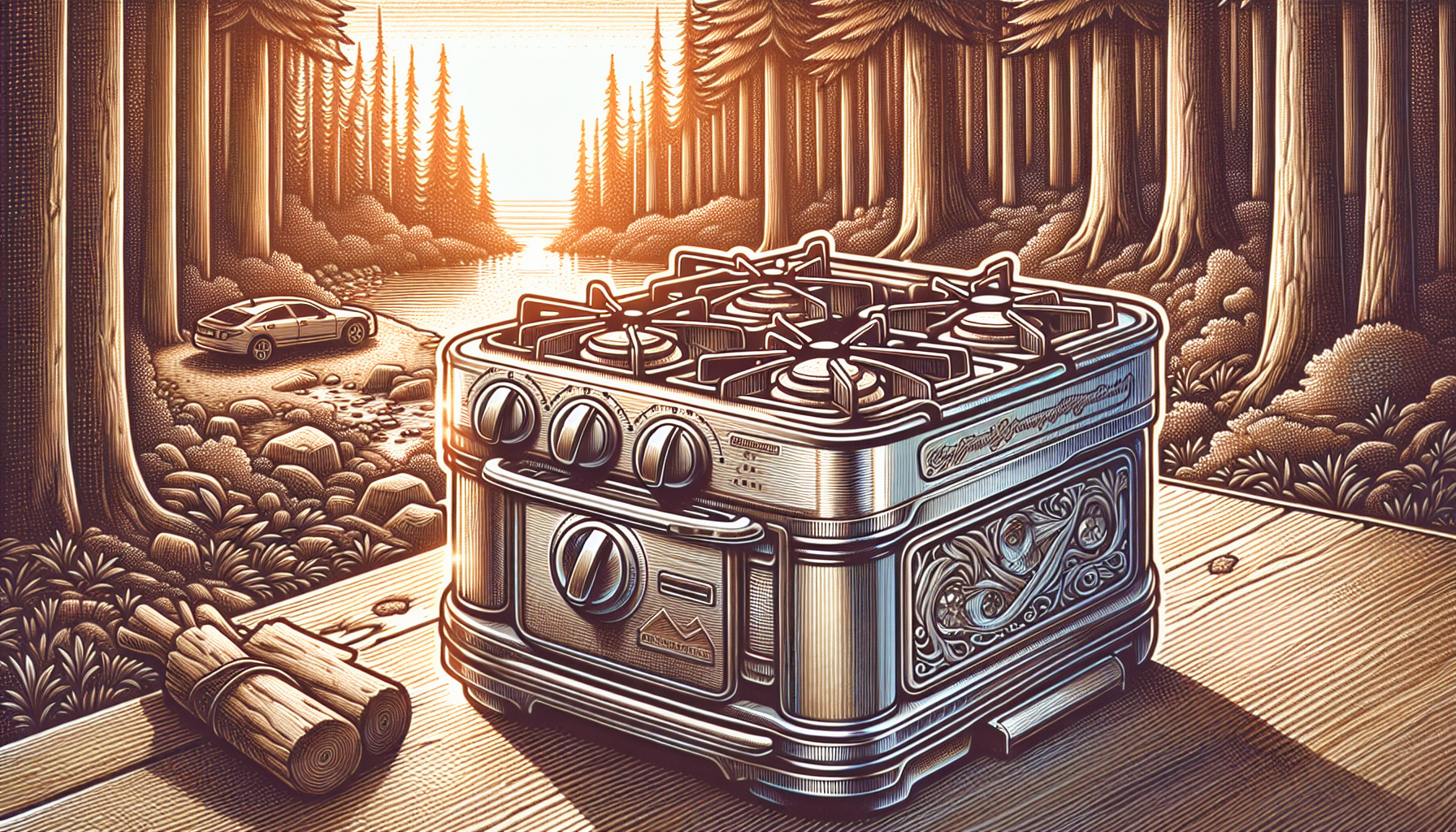 Illustration of a portable propane-fueled camp stove for car camping