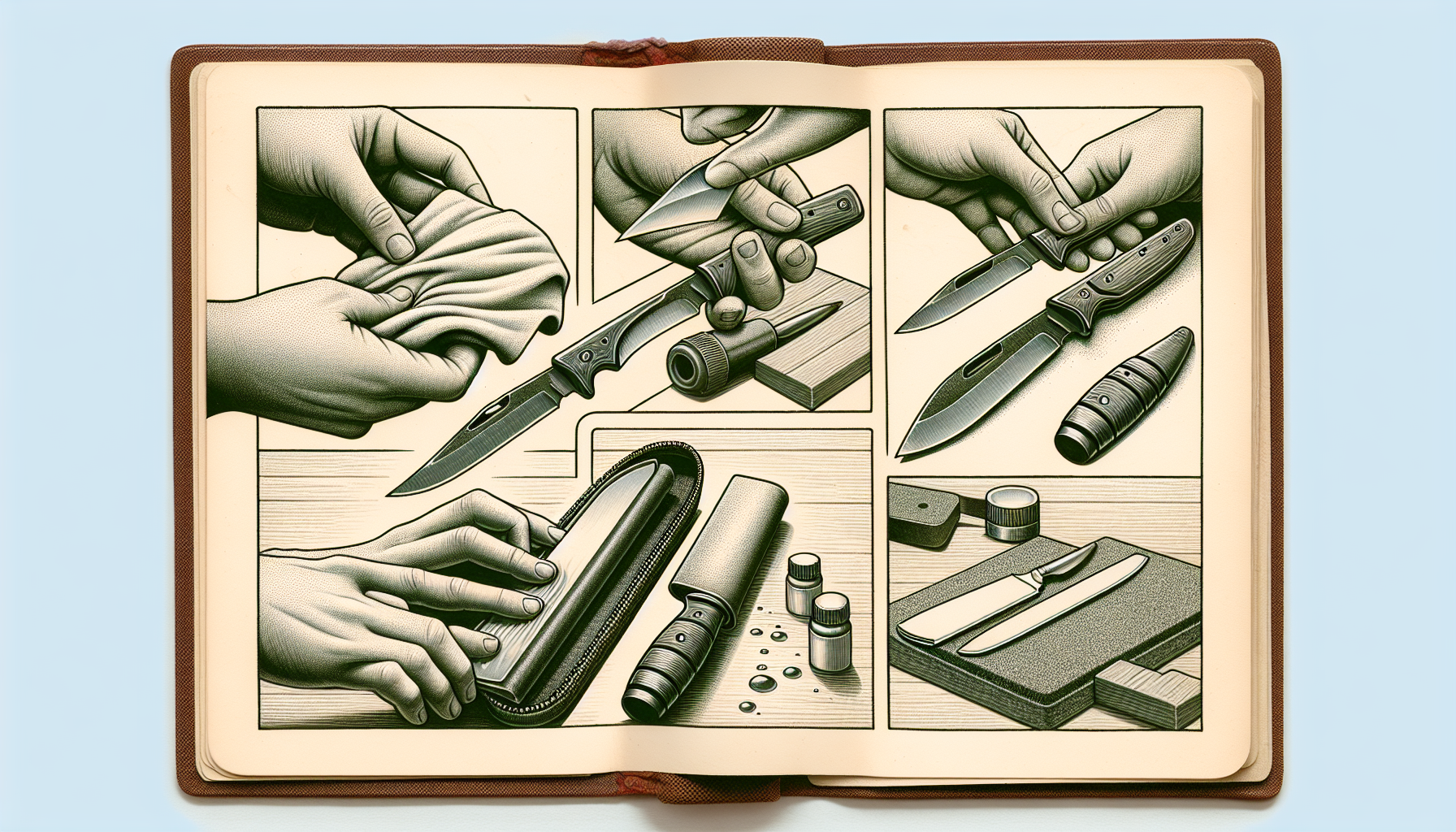 Illustration of knife cleaning and maintenance