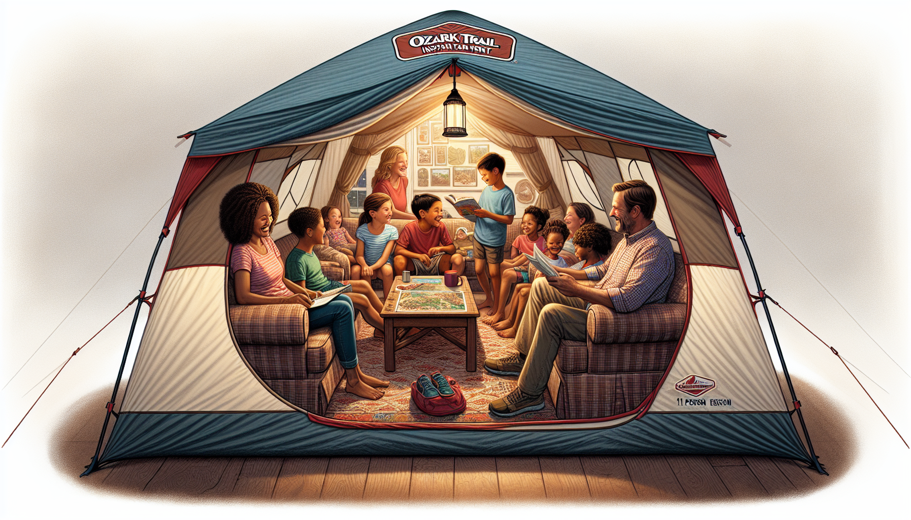 Illustration of a family enjoying their time inside the Ozark Trail 11-Person Instant Cabin Tent