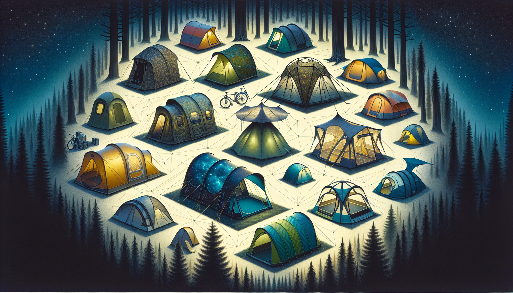 Illustration of various pop up tents in a natural outdoor setting