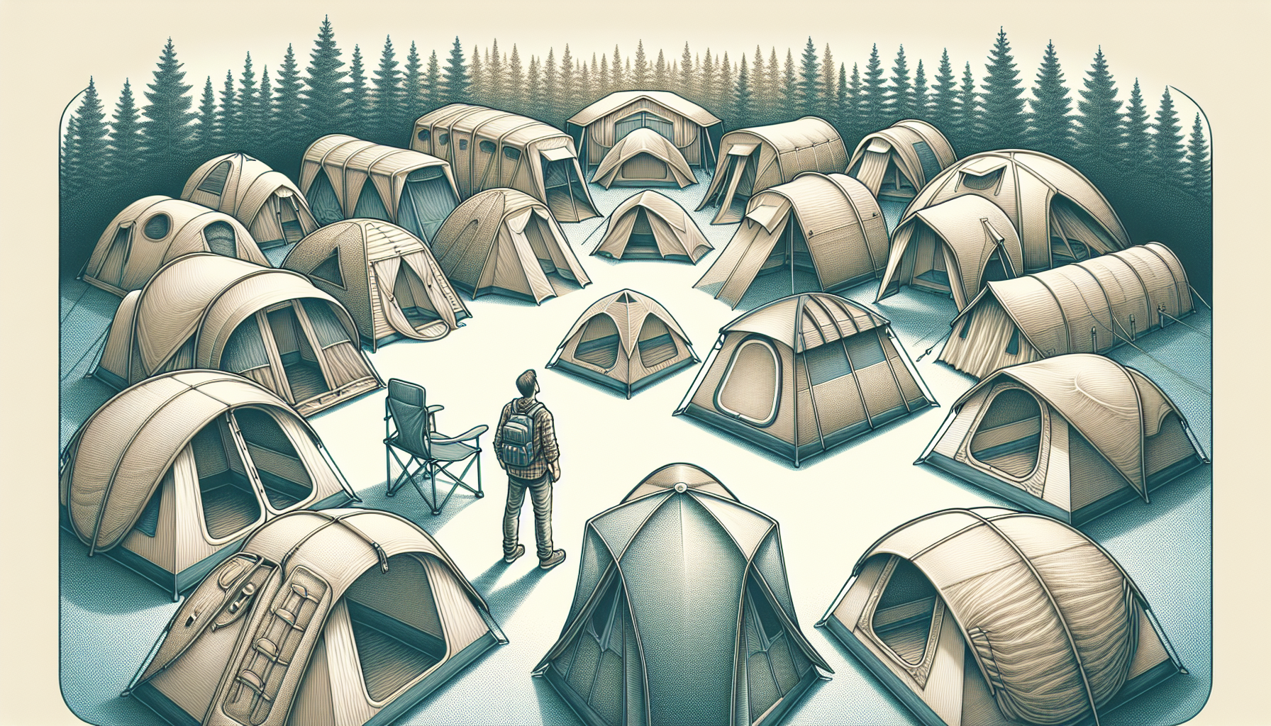 Illustration of a person comparing different pop up tents based on size, durability, and weather resistance