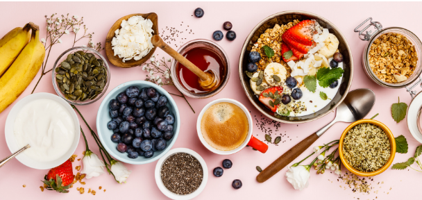 Breakfast ingredients laid out on a table