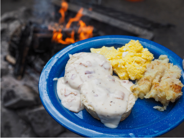 A plate with breakfast foods.