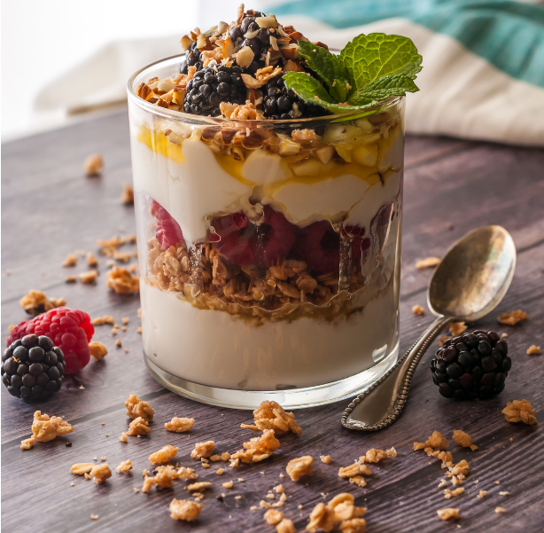 Yogurt parfait in a cup on a table