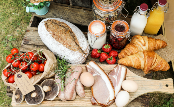 Breakfast foods laid out on a table