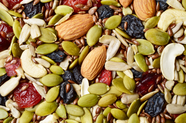 Fruits, nuts and seeds laid out