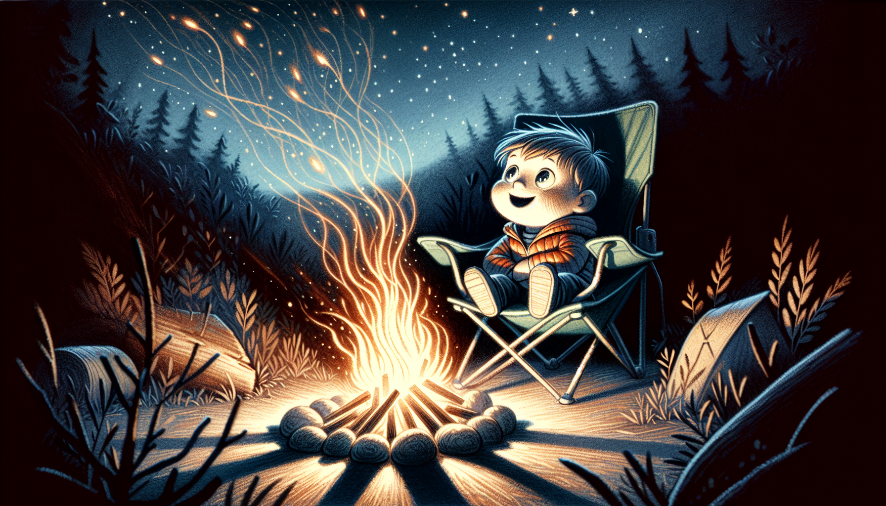 Illustration of a kid sitting on a camping chair by a campfire